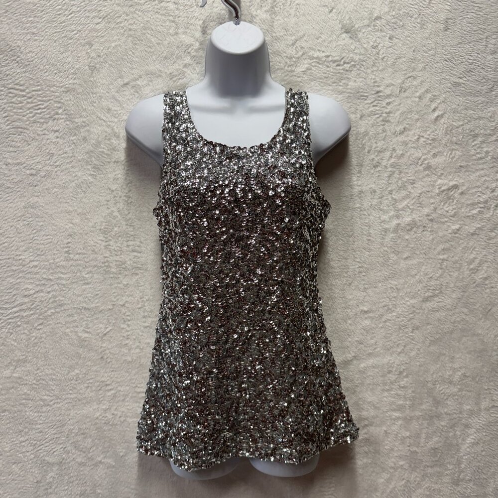 Silver Sequin Tank Top XL Lined Stretch Sleeveless Party New Years Night Out Hot